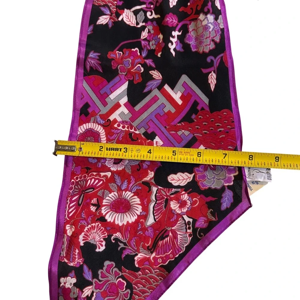 Oscar de la Renta Vintage Silk Skinny Scarf Floral Geometric Magenta Black Japan
